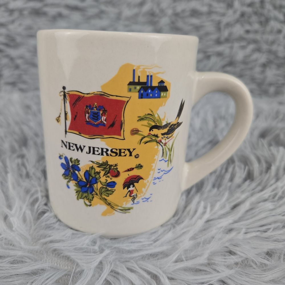 Vintage New Jersey State Flag Flower Bird Industry 8 oz Coffee Mug